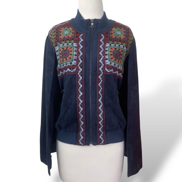 BCBG Maxazria Women Upas Cape Jacket Size L Blue Granny Square Full Zip Pocket - Picture 1 of 11